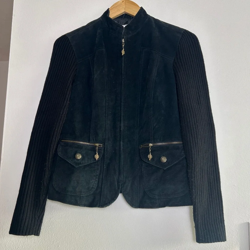 90s A.M.I. Suede Leather Knit‎ Sleeve Jacket Womens Black Full Zip Mock Neck S